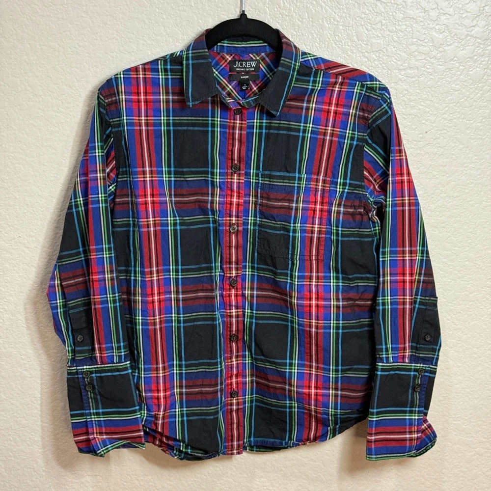 J Crew Organic Cotton Plaid Button Down Preppy‎ Shirt Womens Sz 4 Red Blue Green